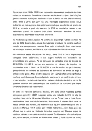 181
No período entre 2008 e 2012 foram construídas as curvas de tendência das doze
naturezas em estudo. Quando se observa a evolução do conjunto das infrações
penais notam-se flutuações aleatórias e total ausência de um padrão definido
entre 2008 e 2010. Em 2011 há uma inclinação exponencial dessa curva
indicando um forte aumento dos registros criminais que se estende até janeiro de
2012 e, somente a partir de fevereiro de 2012 os resultados passam a ser
favoráveis quando se observa uma queda acentuada alterando de modo
significativo a declividade da curva de tendência.
As mudanças operacionalizadas no Sistema de Segurança Pública ocorridas no
ano de 2012 deixam claros sinais de mudanças favoráveis no cenário atual em
relação aos anos passados recentes. Para maior constatação disso observou-se
as mudanças ocorridas, em Manaus, nos indicadores dos últimos três anos.
Ao confrontar esses indicadores no tempo, entre 2010 e 2012, importantes
variações foram observadas, o que sugere melhora nos indicadores de
criminalidade em Manaus. Ao se comparar as variações entre os biênios de
2010/2011e 2011/2012 tem-se um aumento no número de registros de
ocorrências entre o biênio de 2010/2011 e um decréscimo na produtividade,
principalmente no número de ocorrência de apreensão de armas de fogo e
entorpecente (porte). Mas, o biênio seguinte (2011/2012) reflete uma significativa
melhora nos indicadores de produtividade, assim como um declínio dos crimes,
como latrocínio, tentativa de homicídio, roubo e violência doméstica. Ainda foi
possível observar uma desaceleração das ocorrências de homicídio que seguia
uma forte tendência de crescimento.
O crime de violência doméstica (lesões), em 2012 (3354 registros) quando
comparado com 2011 (5031 registros), sofreu uma redução de 33% no total de
registros. Mas, ainda foi possível identificar que as Zonas Leste e Norte foram
responsáveis pelos maiores incrementos, assim como, é nessas zonas onde os
riscos também são maiores, até mesmo do que aqueles observados para toda a
cidade de Manaus (180,1 lesões por 100.000 habitantes). Além disso, pode-se
afirmar que o crime de violência doméstica ocorrido em Manaus segue os
mesmos padrões observados em todo o mundo. Em Manaus as principais vítimas
são, quase sempre, mulheres em idades mais jovens (18 até 44 anos de idade)
 