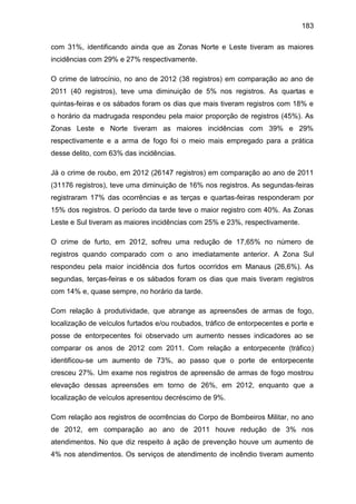 183
com 31%, identificando ainda que as Zonas Norte e Leste tiveram as maiores
incidências com 29% e 27% respectivamente.
O crime de latrocínio, no ano de 2012 (38 registros) em comparação ao ano de
2011 (40 registros), teve uma diminuição de 5% nos registros. As quartas e
quintas-feiras e os sábados foram os dias que mais tiveram registros com 18% e
o horário da madrugada respondeu pela maior proporção de registros (45%). As
Zonas Leste e Norte tiveram as maiores incidências com 39% e 29%
respectivamente e a arma de fogo foi o meio mais empregado para a prática
desse delito, com 63% das incidências.
Já o crime de roubo, em 2012 (26147 registros) em comparação ao ano de 2011
(31176 registros), teve uma diminuição de 16% nos registros. As segundas-feiras
registraram 17% das ocorrências e as terças e quartas-feiras responderam por
15% dos registros. O período da tarde teve o maior registro com 40%. As Zonas
Leste e Sul tiveram as maiores incidências com 25% e 23%, respectivamente.
O crime de furto, em 2012, sofreu uma redução de 17,65% no número de
registros quando comparado com o ano imediatamente anterior. A Zona Sul
respondeu pela maior incidência dos furtos ocorridos em Manaus (26,6%). As
segundas, terças-feiras e os sábados foram os dias que mais tiveram registros
com 14% e, quase sempre, no horário da tarde.
Com relação à produtividade, que abrange as apreensões de armas de fogo,
localização de veículos furtados e/ou roubados, tráfico de entorpecentes e porte e
posse de entorpecentes foi observado um aumento nesses indicadores ao se
comparar os anos de 2012 com 2011. Com relação a entorpecente (tráfico)
identificou-se um aumento de 73%, ao passo que o porte de entorpecente
cresceu 27%. Um exame nos registros de apreensão de armas de fogo mostrou
elevação dessas apreensões em torno de 26%, em 2012, enquanto que a
localização de veículos apresentou decréscimo de 9%.
Com relação aos registros de ocorrências do Corpo de Bombeiros Militar, no ano
de 2012, em comparação ao ano de 2011 houve redução de 3% nos
atendimentos. No que diz respeito à ação de prevenção houve um aumento de
4% nos atendimentos. Os serviços de atendimento de incêndio tiveram aumento
 