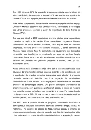 36
Em 1900, cerca de 80% da população amazonense residia nos municípios do
interior do Estado do Amazonas e apenas 20 % vivia em Manaus. Atualmente,
mais de 50% de toda a população amazonense está concentrada em Manaus.
Para melhor compreensão dessa elevada concentração populacional no espaço
urbano de Manaus, observada nas últimas décadas, é necessária a observação
dos vários processos ocorridos a partir da implantação da Zona Franca de
Manaus (ZFM).
Em sua fase inicial, a ZFM constituiu-se em forte atrativo para consumidores
brasileiros da região e de fora dela. Estes consumidores chegavam a Manaus,
provenientes de vários estados brasileiros, para adquirir bens de consumo
importados, de baixo preço e de excelente qualidade. O centro comercial de
Manaus, nessa primeira fase, foi estimulado pelo aquecimento das transações
comerciais, que impulsionou o crescimento do setor de serviços (hotéis,
restaurantes, bares, transportes, etc). As atividades industriais nessa época ainda
estavam em processo de gestação (Vergolino e Gomes, 2004, p. 461;
Nascimento, 2011).
Nessa primeira fase, centrada nos anos 1970, com a economia estimulada pelas
atividades do terceiro setor, Manaus passou a expandir-se no sentido norte, com
a construção de grandes conjuntos residenciais para atender à crescente
demanda habitacional, induzida pela forte migração de trabalhadores
provenientes de outros estados. Essa migração foi determinante em todo esse
processo de concentração urbana. Um grande contingente populacional de
origem interiorana, sem qualificação profissional, passou a ocupar as margens
dos igarapés e áreas particulares das zonas Norte e Leste. Foi nessa década,
conforme mostra a TAB. 01, que ocorreu o maior incremento populacional em
Manaus (Bentes, 1983; Melo e Moura, 1990; Nascimento, 2011).
Em 1980, após a primeira década de progresso, crescimento econômico e
demográfico, a população praticamente dobrou de tamanho e chegou aos 633 mil
habitantes. No decorrer da década de 1980, Manaus passou a enfrentar os
problemas provenientes das crises de produção e da falta de investimentos, aliás,
observados em todo o país. O saldo migratório diminuiu e a população cresceu
 