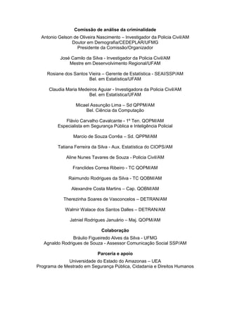 Comissão de análise da criminalidade
Antonio Gelson de Oliveira Nascimento – Investigador da Policia Civil/AM
Doutor em Demografia/CEDEPLAR/UFMG
Presidente da Comissão/Organizador
José Camilo da Silva - Investigador da Policia Civil/AM
Mestre em Desenvolvimento Regional/UFAM
Rosiane dos Santos Vieira – Gerente de Estatística - SEAI/SSP/AM
Bel. em Estatística/UFAM
Claudia Maria Medeiros Aguiar - Investigadora da Policia Civil/AM
Bel. em Estatística/UFAM
Micael Assunção Lima – Sd QPPM/AM
Bel. Ciência da Computação
Flávio Carvalho Cavalcante - 1º Ten. QOPM/AM
Especialista em Segurança Pública e Inteligência Policial
Marcio de Souza Corrêa – Sd. QPPM/AM
Tatiana Ferreira da Silva - Aux. Estatística do CIOPS/AM
Aline Nunes Tavares de Souza - Policia Civil/AM
Franclides Correa Ribeiro - TC QOPM/AM
Raimundo Rodrigues da Silva - TC QOBM/AM
Alexandre Costa Martins – Cap. QOBM/AM
Therezinha Soares de Vasconcelos – DETRAN/AM
Walmir Walace dos Santos Dalles – DETRAN/AM
Jatniel Rodrigues Januário – Maj. QOPM/AM
Colaboração
Bráulio Figueiredo Alves da Silva - UFMG
Agnaldo Rodrigues de Souza - Assessor Comunicação Social SSP/AM
Parceria e apoio
Universidade do Estado do Amazonas – UEA
Programa de Mestrado em Segurança Pública, Cidadania e Direitos Humanos
 