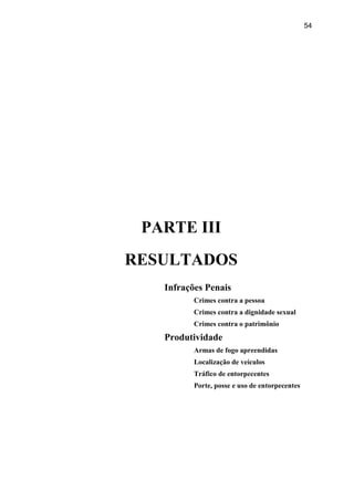 54
PARTE III
RESULTADOS
Infrações Penais
Crimes contra a pessoa
Crimes contra a dignidade sexual
Crimes contra o patrimônio
Produtividade
Armas de fogo apreendidas
Localização de veículos
Tráfico de entorpecentes
Porte, posse e uso de entorpecentes
 