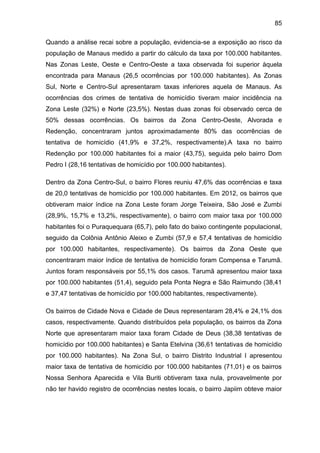 85
Quando a análise recai sobre a população, evidencia-se a exposição ao risco da
população de Manaus medido a partir do cálculo da taxa por 100.000 habitantes.
Nas Zonas Leste, Oeste e Centro-Oeste a taxa observada foi superior àquela
encontrada para Manaus (26,5 ocorrências por 100.000 habitantes). As Zonas
Sul, Norte e Centro-Sul apresentaram taxas inferiores aquela de Manaus. As
ocorrências dos crimes de tentativa de homicídio tiveram maior incidência na
Zona Leste (32%) e Norte (23,5%). Nestas duas zonas foi observado cerca de
50% dessas ocorrências. Os bairros da Zona Centro-Oeste, Alvorada e
Redenção, concentraram juntos aproximadamente 80% das ocorrências de
tentativa de homicídio (41,9% e 37,2%, respectivamente).A taxa no bairro
Redenção por 100.000 habitantes foi a maior (43,75), seguida pelo bairro Dom
Pedro I (28,16 tentativas de homicídio por 100.000 habitantes).
Dentro da Zona Centro-Sul, o bairro Flores reuniu 47,6% das ocorrências e taxa
de 20,0 tentativas de homicídio por 100.000 habitantes. Em 2012, os bairros que
obtiveram maior índice na Zona Leste foram Jorge Teixeira, São José e Zumbi
(28,9%, 15,7% e 13,2%, respectivamente), o bairro com maior taxa por 100.000
habitantes foi o Puraquequara (65,7), pelo fato do baixo contingente populacional,
seguido da Colônia Antônio Aleixo e Zumbi (57,9 e 57,4 tentativas de homicídio
por 100.000 habitantes, respectivamente). Os bairros da Zona Oeste que
concentraram maior índice de tentativa de homicídio foram Compensa e Tarumã.
Juntos foram responsáveis por 55,1% dos casos. Tarumã apresentou maior taxa
por 100.000 habitantes (51,4), seguido pela Ponta Negra e São Raimundo (38,41
e 37,47 tentativas de homicídio por 100.000 habitantes, respectivamente).
Os bairros de Cidade Nova e Cidade de Deus representaram 28,4% e 24,1% dos
casos, respectivamente. Quando distribuídos pela população, os bairros da Zona
Norte que apresentaram maior taxa foram Cidade de Deus (38,38 tentativas de
homicídio por 100.000 habitantes) e Santa Etelvina (36,61 tentativas de homicídio
por 100.000 habitantes). Na Zona Sul, o bairro Distrito Industrial I apresentou
maior taxa de tentativa de homicídio por 100.000 habitantes (71,01) e os bairros
Nossa Senhora Aparecida e Vila Buriti obtiveram taxa nula, provavelmente por
não ter havido registro de ocorrências nestes locais, o bairro Japiim obteve maior
 