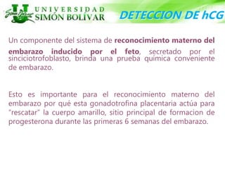Un componente del sistema de reconocimiento materno del
embarazo inducido por el feto, secretado por el
sinciciotrofoblasto, brinda una prueba química conveniente
de embarazo.
Esto es importante para el reconocimiento materno del
embarazo por qué esta gonadotrofina placentaria actúa para
“rescatar” la cuerpo amarillo, sitio principal de formacion de
progesterona durante las primeras 6 semanas del embarazo.
DETECCION DE hCG
 