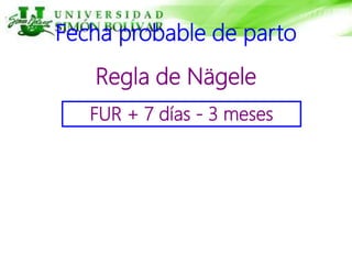 Fecha probable de parto
Regla de Nägele
FUR + 7 días - 3 meses
 