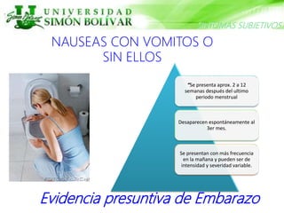 NAUSEAS CON VOMITOS O
SIN ELLOS
“Se presenta aprox. 2 a 12
semanas después del ultimo
periodo menstrual
Desaparecen espontáneamente al
3er mes.
Se presentan con más frecuencia
en la mañana y pueden ser de
intensidad y severidad variable.
Evidencia presuntiva de Embarazo
SINTOMAS SUBJETIVOS
 