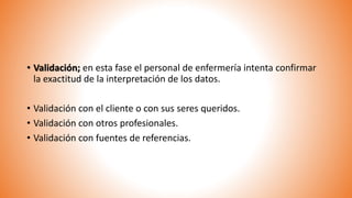 • Validación; en esta fase el personal de enfermería intenta confirmar
la exactitud de la interpretación de los datos.
• Validación con el cliente o con sus seres queridos.
• Validación con otros profesionales.
• Validación con fuentes de referencias.
 