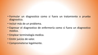 • Formular un diagnostico como si fuera un tratamiento o prueba
diagnostica.
• Incluir más de un problema.
• Expresar el diagnostico de enfermería como si fuera un diagnostico
medico.
• Emplear terminología medica.
• Emitir juicios de valor.
• Comprometerse legalmente.
 