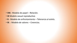 • VIII.- Modelo de papel – Relación.
• IX Modelo sexual reproductivo
• X.- Modelo de enfrentamiento – Tolerancia al estrés.
• XI .- Modelo de valores – Creencias.
 