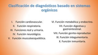 Clasificación de diagnósticos basado en sistemas
orgánicos
I. Función cardiovascular.
II. Función respiratoria.
III. Funciones real y urinaria.
IV. Función neurológica.
V. Función musculoesquelética.
VI. Función metabólica y endocrino.
VII. Función digestiva y
gastrointestinal.
VIII. Función genito-reproductor.
IX. Función integumentaria.
X. Función inmunitaria.
 