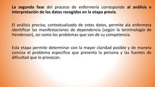 La segunda fase del proceso de enfermería corresponde al análisis e
interpretación de los datos recogidos en la etapa previa.
El análisis preciso, contextualizado de estos datos, permite ala enfermera
identificar las manifestaciones de dependencia (según la terminología de
Henderson), asi como los problemas que son de su competencia.
Esta etapa permite determinar con la mayor claridad posible y de manera
concisa el problema especifico que presenta la persona y las fuentes de
dificultad que lo provocan.
 
