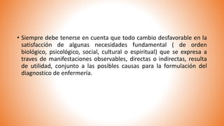 • Siempre debe tenerse en cuenta que todo cambio desfavorable en la
satisfacción de algunas necesidades fundamental ( de orden
biológico, psicológico, social, cultural o espiritual) que se expresa a
traves de manifestaciones observables, directas o indirectas, resulta
de utilidad, conjunto a las posibles causas para la formulación del
diagnostico de enfermería.
 