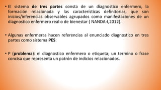 • El sistema de tres partes consta de un diagnostico enfermero, la
formación relacionada y las características definitorias, que son
inicios/inferencias observables agrupados como manifestaciones de un
diagnostico enfermero real o de bienestar ( NANDA-I,2012).
• Algunas enfermeras hacen referencias al enunciado diagnostico en tres
partes como sistema PES:
• P (problema): el diagnostico enfermero o etiqueta; un termino o frase
concisa que representa un patrón de indicios relacionados.
 