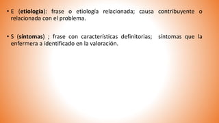 • E (etiología): frase o etiología relacionada; causa contribuyente o
relacionada con el problema.
• S (síntomas) ; frase con características definitorias; síntomas que la
enfermera a identificado en la valoración.
 
