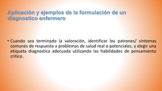 Aplicación y ejemplos de la formulación de un
diagnostico enfermero
• Cuando sea terminado la valoración, identificar los patrones/ síntomas
comunes de respuesta a problemas de salud real o potenciales, y elegir una
etiqueta diagnostica adecuada utilizando las habilidades de pensamiento
critico.
 