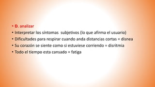 • D. analizar
• Interpretar los síntomas subjetivos (lo que afirma el usuario)
• Dificultades para respirar cuando anda distancias cortas = disnea
• Su corazón se siente como si estuviese corriendo = disritmia
• Todo el tiempo esta cansado = fatiga
 