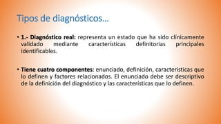 Tipos de diagnósticos…
• 1.- Diagnóstico real: representa un estado que ha sido clínicamente
validado mediante características definitorias principales
identificables.
• Tiene cuatro componentes: enunciado, definición, características que
lo definen y factores relacionados. El enunciado debe ser descriptivo
de la definición del diagnóstico y las características que lo definen.
 