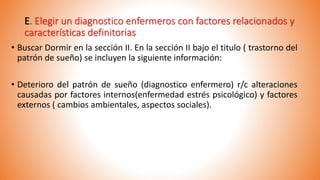 E. Elegir un diagnostico enfermeros con factores relacionados y
características definitorias
• Buscar Dormir en la sección II. En la sección II bajo el titulo ( trastorno del
patrón de sueño) se incluyen la siguiente información:
• Deterioro del patrón de sueño (diagnostico enfermero) r/c alteraciones
causadas por factores internos(enfermedad estrés psicológico) y factores
externos ( cambios ambientales, aspectos sociales).
 