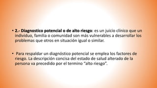 • 2.- Diagnostico potencial o de alto riesgo: es un juicio clínico que un
individuo, familia o comunidad son más vulnerables a desarrollar los
problemas que otros en situación igual o similar.
• Para respaldar un diagnóstico potencial se emplea los factores de
riesgo. La descripción concisa del estado de salud alterado de la
persona va precedido por el termino “alto riesgo”.
 