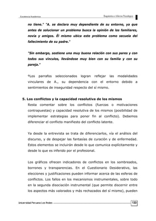 no tiene." "A. se declara muy dependiente de su entorno, ya que
antes de solucionar un problema busca la opinión de los familiares,
novia y amigos. Él mismo ubica este problema como secuela del
fallecimiento de su padre."
"Sin embargo, sostiene una muy buena relación con sus pares y con
todos sus vínculos, llevándose muy bien con su familia y con su
pareja."
ºLos parrafos seleccionados logran reflejar las modalidades
vinculares de A., su dependencia con el entorno debido a
sentimientos de inseguridad respecto del sí mismo.
5. Los conflictos y la capacidad resolutiva de los mismos
Resta comentar sobre los conflictos (fuerzas o motivaciones
contrapuestas) y capacidad resolutiva de los mismos (posibilidad de
implementar estrategias para poner fin al conflicto). Debemos
diferenciar el conflicto manifiesto del conflicto latente.
Ya desde la entrevista se trata de diferenciarlos, vía el análisis del
discurso, y de despejar las fantasías de curación y de enfermedad.
Estos elementos se incluirán desde lo que comunica explícitamente y
desde lo que es inferido por el profesional.
Los gráficos ofrecen indicadores de conflictos en los sombreados,
borrones y transparencias. En el Cuestionario Desiderativo, las
elecciones y justificaciones pueden informar acerca de las esferas de
conflictos. Los fallos en los mecanismos instrumentales, sobre todo
en la segunda disociación instrumental (que permite discernir entre
los aspectos más valorados y más rechazados del sí mismo), pueden
133
 