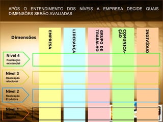 EMPRESA INDIVÍDUO LIDERANÇA GRUPO DE TRABALHO COMUNICA-ÇÃO Dimensões APÓS O ENTENDIMENTO DOS NÍVEIS A EMPRESA DECIDE QUAIS DIMENSÕES SERÃO AVALIADAS Nível 4 Realização existencial Nível 3 Realização relacional Nível 2 Realização Produtiva Nível 1 Realização material 