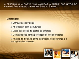 Lideranças:   Entrevistas individuais Abordagem semi-estruturada Visão das ações de gestão da empresa Contraposição com a percepção dos colaboradores Análise da distância entre a percepção da liderança e a percepção das pessoas A PESQUISA QUALITATIVA VISA ANALISAR A MATRIZ DOS NÍVEIS DE REALIZAÇÃO A PARTIR DA PERCEPÇÃO DOS LÍDERES 