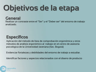 Objetivos de la etapa
General
Realizar un contraste entre el “Ser” y el “Deber ser” del entorno de trabajo
analizado.




Específicos
Aplicación del método de lista de comprobación ergonómica y otros
métodos de análisis ergonómico al trabajo en el centro de asesoría
psicológica de la Universidad Javeriana (Sec. Bogotá)

Evidenciar fortalezas y debilidades del entorno de trabajo a estudiar.

Identificar factores y aspectos relacionados con el diseno de producto
 