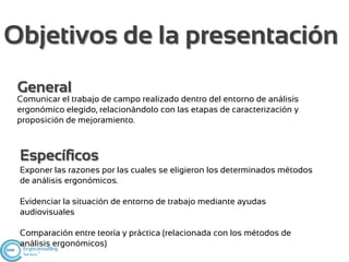 Objetivos de la presentación
 General
 Comunicar el trabajo de campo realizado dentro del entorno de análisis
 ergonómico elegido, relacionándolo con las etapas de caracterización y
 proposición de mejoramiento.



 Específicos
 Exponer las razones por las cuales se eligieron los determinados métodos
 de análisis ergonómicos.

 Evidenciar la situación de entorno de trabajo mediante ayudas
 audiovisuales

 Comparación entre teoría y práctica (relacionada con los métodos de
 análisis ergonómicos)
 
