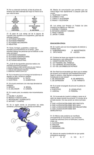 76. Por su extensión territorial, la lista de países de
América que está ordenada del mayor al menor es la
que indica la letra:
A
CUBA
BRASIL
ARGENTINA
BOLIVIA
B
MÉXICO
CHILE
CANADÁ
PERÚ
C
BRASIL
ECUADOR
PARAGUAY
COSTA RICA
D
ESTADOS UNIDOS
MÉXICO
PERÚ
EL SALVADOR
77. El papá de Luis extrae sal de la laguna de
Cuyutlán para venderla a la Cooperativa ¿Qué tipo de
actividad realiza?
A. ACTIVIDAD TERCIARIA
B. ACTIVIDAD PRIMARIA
C. ACTIVIDAD SECUNDARIA
D. INDUSTRIA
78. Vacas, borregos, guajolotes y ovejas son
animales que encontramos en el campo. ¿Qué
actividad realizan las personas que se dedican a criar
estos animales?
A. ACTIVIDAD GANADERA
B. ACTIVIDAD AGROPECUARIA
C. ACTIVIDAD PESQUERA
D. ACTIVIDAD INDUSTRIAL
79. ¿Cuál de las siguientes personas realiza una
actividad económica primaria?
A. SILVIA TRABAJA COMO SECRETARIA EN UNA FÁBRICA
B. RAMÓN ES MÉDICO EN LA CLÍNICA REGIONAL
C. CARLOS CRÍA GANADO PORCINO
D. AMBROSIO FABRICA ZAPATOS
80. Es la industria que se encarga de transformar el
algodón en tela y la tela en vestidos
A. SIDERÚRGICA B. TEXTIL
C. ELÉCTRICA D. ALIMENTICIA
81. Es el país americano con más baja densidad de
población
A. MÉXICO B. BRASIL
C. EL SALVADOR D. CANADÁ
82. En nuestro país, los estados más industrializados
son:
A. COLIMA Y JALISCO
B. MÉXICO Y NUEVO LEÓN
C. MICHOACÁN Y GUANAJUATO
D. NAYARIT Y CHIAPAS
83. Es la región donde se encuentran las redes
carreteras y ferroviarias más extensas de América
84. Medios de comunicación que permiten que una
noticia llegue más rápidamente a cualquier parte del
mundo
A. TELÉFONO Y CARTA
B. CORREO Y FAX
C. CARTA Y TELEGRAMA
D. RADIO Y TELEVISIÓN
85. Los países que firmaron un Tratado de Libre
Comercio con México en 1993 son:
A. ESPAÑA Y FRANCIA
B. ESTADOS UNIDOS Y CANADÁ
C. PERÚ Y BRASIL
D. JAPÓN Y CHINA
EDUCACIÓN CÍVICA
86. En nuestro país son los encargados de elaborar y
modificar leyes
A. GOBERNADORES B. MAGISTRADOS
C. DIPUTADOS D. JUECES
87. Contiene las leyes que regulan la vida de todos
los mexicanos y sus instituciones
A. CONSTITUCIÓN POLÍTICA
B. LEY FEDERAL DEL TRABAJO
C. LEY GENERAL DE EDUCACIÓN
D. LEY DE LOS SÍMBOLOS PATRIOS
88. Don Raúl fue encarcelado por decir que no estaba
de acuerdo con la elección del Presidente Municipal.
Según lo anterior ¿Qué libertad consignada en la
Constitución le fue violada?
A. DE ASOCIACIÓN B. DE IMPRENTA
C. DE EXPRESIÓN D. DE TRÁNSITO
89. Es el poder encargado de procurar la justicia en
nuestro país
A. EJECUTIVO B. LEGISLATIVO
C. JUDICIAL D. FEDERAL
90. En la escuela de Juanito lo obligan a rezar en el
salón de clases durante los primeros 15 minutos de la
jornada escolar. Con esa acción se viola el principio
de:
A. QUE LA EDUCACIÓN DEBE SER GRATUITA
B. QUE LA EDUCACIÓN DEBE SER LAICA
C. QUE LA EDUCACIÓN DEBE SER OBLIGATORIA
D. QUE LA EDUCACIÓN DEBE SER
DEMOCRÁTICA
91. En México este problema se manifiesta
principalmente en los jóvenes, que consumen
sustancias adictivas como la marihuana, cocaína,
cristal, etc
A. ALCOHOLISMO
B. DISLEXIA
C. ANOREXIA
D. DROGADICCIÓN
92. Artículo de nuestra constitución en que queda
prohibida la esclavitud
A. 3° B. 27 C. 123 D. 1°
A
B
C
D
 