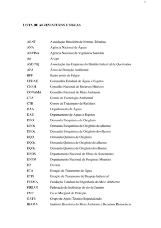 x
LISTA DE ABREVIATURAS E SIGLAS
ABNT Associação Brasileira de Normas Técnicas
ANA Agência Nacional de Águas
ANVISA Agência Nacional de Vigilância Sanitária
Art Artigo
ASDINQ Associação das Empresas do Distrito Industrial de Queimados
APA Áreas de Proteção Ambiental
BPF Baixo ponto de Fulgor
CEDAE Companhia Estadual de Águas e Esgotos
CNRH Conselho Nacional de Recursos Hídricos
CONAMA Conselho Nacional de Meio Ambiente
CTA Centro de Tecnologia Ambiental
CTR Centro de Tratamento de Resíduos
DAA Departamento de Águas
DAE Departamento de Águas e Esgotos
DBO Demanda Bioquímica de Oxigênio
DBOa Demanda Bioquímica de Oxigênio do afluente
DBOe Demanda Bioquímica de Oxigênio do efluente
DQO Demanda Química de Oxigênio
DQOa Demanda Química de Oxigênio do afluente
DQOe Demanda Química de Oxigênio do efluente
DNOS Departamento Nacional de Obras de Saneamento
DNPM Departamento Nacional de Pesquisas Minerais
DZ Diretriz
ETA Estação de Tratamento de Água
ETDI Estação de Tratamento de Despejo Industrial
FEEMA Fundação Estadual da Engenharia do Meio Ambiente
FIRJAN Federação da Indústrias do rio de Janeiro
FMP Faixa Marginal de Proteção
GATE Grupo de Apoio Técnico Especializado
IBAMA Instituto Brasileiro do Meio Ambiente e Recursos Renováveis
 