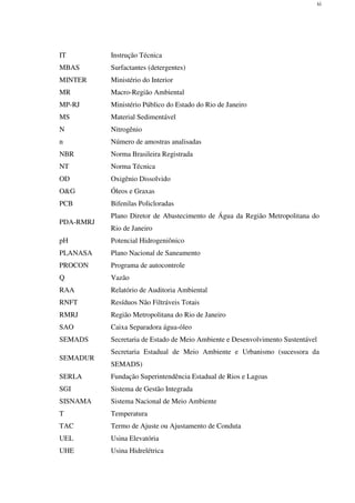 xi
IT Instrução Técnica
MBAS Surfactantes (detergentes)
MINTER Ministério do Interior
MR Macro-Região Ambiental
MP-RJ Ministério Público do Estado do Rio de Janeiro
MS Material Sedimentável
N Nitrogênio
n Número de amostras analisadas
NBR Norma Brasileira Registrada
NT Norma Técnica
OD Oxigênio Dissolvido
O&G Óleos e Graxas
PCB Bifenilas Policloradas
PDA-RMRJ
Plano Diretor de Abastecimento de Água da Região Metropolitana do
Rio de Janeiro
pH Potencial Hidrogeniônico
PLANASA Plano Nacional de Saneamento
PROCON Programa de autocontrole
Q Vazão
RAA Relatório de Auditoria Ambiental
RNFT Resíduos Não Filtráveis Totais
RMRJ Região Metropolitana do Rio de Janeiro
SAO Caixa Separadora água-óleo
SEMADS Secretaria de Estado de Meio Ambiente e Desenvolvimento Sustentável
SEMADUR
Secretaria Estadual de Meio Ambiente e Urbanismo (sucessora da
SEMADS)
SERLA Fundação Superintendência Estadual de Rios e Lagoas
SGI Sistema de Gestão Integrada
SISNAMA Sistema Nacional de Meio Ambiente
T Temperatura
TAC Termo de Ajuste ou Ajustamento de Conduta
UEL Usina Elevatória
UHE Usina Hidrelétrica
 