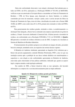 56
Outra não conformidade observada é com relação à destinação final adotada para os
lodos da ETDI e da ETA, analisando-se a Notificação FEEMA nº 933.494, de 06/05/2004,
verificou-se que era autorizado à Cervejaria Kaiser a encaminhar ao Centro de Tratamento de
Resíduos – CTR, de Nova Iguaçu, para disposição no Aterro Sanitário, os resíduos
constituídos por resto de restaurante, varrição e podas, areia e carvão ativado dos filtros da
Estação de Tratamento de Água, restos de obras, classificados de acordo com a Norma NBR
10.004, da ABNT, como sendo classe II A e II B, portanto não constando os lodos da ETDI e
da ETA.
Para gerenciamento dos resíduos gerados, incluindo a coleta, o acondicionamento e a
destinação final adequada, a Kaiser havia contratado uma empresa especializada em gestão de
resíduos, a Venativ Assessoria Ambiental e Comercial Ltda. A Kaiser possuía o inventário de
resíduos, em conformidade com a Resolução CONAMA nº 313, de 29/10/2002. A Quadro
4.2 apresenta o inventário de resíduos referente ao ano de 2002. A empresa era vinculada ao
Sistema de Manifesto de Resíduos Industriais.
O armazenamento dos produtos perigosos era realizado em tanques elevados, possuindo
bacia de contenção, atendendo assim, aos requisitos das normas técnicas vigentes.
O Relatório de Auditoria Ambiental, apresentado no Inquérito Civil, informou que a
Kaiser não possuía equipamentos contendo Bifenilas Policloradas, PCB’s, uma vez que sua
instalação ocorreu após a proibição do uso desse isolante dielétrico em transformadores e
capacitores e, com relação as não conformidades apresentadas no Relatório de Auditoria,
eram todas ações relacionadas às boas práticas ambientais, indicando que, quanto ao aspecto
legal, a empresa atendia a toda legislação ambiental.
Em outubro de 2004, a Kaiser desativou todas as suas operações, não havendo
informações se a empresa fez o seu descomissionamento junto ao órgão ambiental.
Quadro 4.2: Relação dos resíduos gerados pela Kaiser.
Identificaç
ão do
resíduo
Quantida
de (t/ano)
Fonte
geradora
Estocagem Destinação
final
Pó de malte 296,22 Descarga e
estocagem do
malte
Em sacos em área
coberta e piso
impermeável
Reutilizada para
ração animal
Levedura
cervejeira
2146,23 Fermentação
do mosto
Tanque de
fermentação dentro
do processo
produtivo
Reutilizada para
ração animal
Óleos
usados
4,81
Manutenção Tanque com bacia de
contenção
Reciclado em
empresa de re-
refino de óleo
 