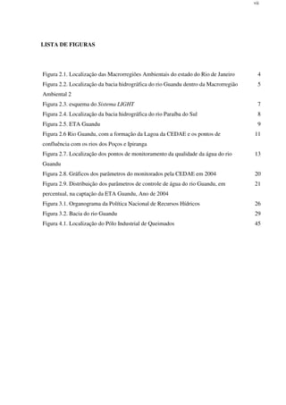 vii
LISTA DE FIGURAS
Figura 2.1. Localização das Macrorregiões Ambientais do estado do Rio de Janeiro 4
Figura 2.2. Localização da bacia hidrográfica do rio Guandu dentro da Macrorregião
Ambiental 2
5
Figura 2.3. esquema do Sistema LIGHT 7
Figura 2.4. Localização da bacia hidrográfica do rio Paraíba do Sul 8
Figura 2.5. ETA Guandu 9
Figura 2.6 Rio Guandu, com a formação da Lagoa da CEDAE e os pontos de
confluência com os rios dos Poços e Ipiranga
11
Figura 2.7. Localização dos pontos de monitoramento da qualidade da água do rio
Guandu
13
Figura 2.8. Gráficos dos parâmetros do monitorados pela CEDAE em 2004 20
Figura 2.9. Distribuição dos parâmetros de controle de água do rio Guandu, em
percentual, na captação da ETA Guandu, Ano de 2004
21
Figura 3.1. Organograma da Política Nacional de Recursos Hídricos 26
Figura 3.2. Bacia do rio Guandu 29
Figura 4.1. Localização do Pólo Industrial de Queimados 45
 