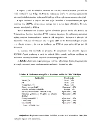 59
A empresa possui três caldeiras, uma em uso contínuo e duas de reserva, que utilizam
como combustível óleo do tipo B1. Uma das caldeiras de reserva foi adquirida recentemente
não estando ainda instalada e terá a possibilidade de utilizar o gás natural, como combustível.
A água consumida é captada em dois poços artesianos e complementada por água
fornecida pela CEDAE, não possuindo outorga para o uso da água subterrânea, devendo,
portanto ser solicitado a SERLA.
Para o tratamento dos efluentes líquidos industriais gerados possue uma Estação de
Tratamento de Despejos Industriais, ETDI, composta das etapas de gradeamento para reter
sólido grosseiro, homogeneização, acerto de pH, coagulação, decantação e cloração. O
tratamento é realizado em bateladas, uma vez que a ETDI não foi dimensionada para a vazão
e o efluente gerado, e sim usa as instalações da ETDI de uma antiga fábrica que foi
desativada.
A indústria está vinculada ao programa de autocontrole para efluentes líquidos
(PROCON-Água), sendo que a partir de maio de 2004, o órgão ambiental modificou os
parâmetros a serem controlados e aprovou o tratamento por batelada.
A Tabela 4.4 apresenta os parâmetros de controle e a freqüência de amostragem exigida
pelo órgão ambiental para o monitoramento dos efluentes líquidos lançados.
Tabela 4.4: Parâmetros e freqüência de coleta e análise do PROCON-Água.
Parâmetro Freqüência
Vazão (Q) Diária (7/7)
pH Diária (7/7)
Temperatura (T) Diária (7/7)
Óleos e graxas (O&G) Quinzenal (1/15)
Material sedimentável (MS) Semanal (1/7)
Resíduos não filtráveis totais (RNFT) Quinzenal (1/15)
Demanda Química de Oxigênio do efluente
(DQOe)
Quinzenal (1/15)
Detergentes (MBAS) Quinzenal (1/15)
Cromo (Cr) Quinzenal (1/15)
Enxofre (S) Quinzenal (1/15)
Fonte: SERBER, 2005
O Quadro 4.3 apresenta os resultados analíticos, relativo ao 1º semestre de 2004, para
o efluente líquido após tratamento.
 