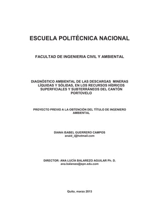 ESCUELA POLITÉCNICA NACIONAL
FACULTAD DE INGENIERIA CIVIL Y AMBIENTAL
DIAGNÓSTICO AMBIENTAL DE LAS DESCARGAS MINERAS
LÍQUIDAS Y SÓLIDAS, EN LOS RECURSOS HÍDRICOS
SUPERFICIALES Y SUBTERRÁNEOS DEL CANTÓN
PORTOVELO
PROYECTO PREVIO A LA OBTENCIÓN DEL TÍTULO DE INGENIERO
AMBIENTAL
DIANA ISABEL GUERRERO CAMPOS
anaid_i@hotmail.com
DIRECTOR: ANA LUCÍA BALAREZO AGUILAR Ph. D.
ana.balarezo@epn.edu.com
Quito, marzo 2013
 