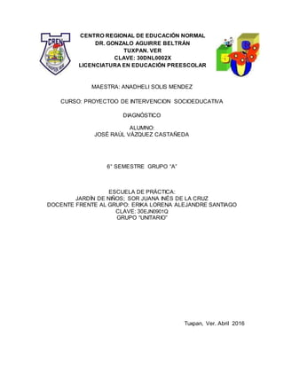 CENTRO REGIONAL DE EDUCACIÓN NORMAL
DR. GONZALO AGUIRRE BELTRÁN
TUXPAN. VER
CLAVE: 30DNL0002X
LICENCIATURA EN EDUCACIÓN PREESCOLAR
MAESTRA: ANADHELI SOLIS MENDEZ
CURSO: PROYECTOO DE INTERVENCION SOCIOEDUCATIVA
DIAGNÓSTICO
ALUMNO:
JOSÉ RAÚL VÁZQUEZ CASTAÑEDA
6° SEMESTRE GRUPO “A”
ESCUELA DE PRÁCTICA:
JARDÍN DE NIÑOS; SOR JUANA INÉS DE LA CRUZ
DOCENTE FRENTE AL GRUPO: ERIKA LORENA ALEJANDRE SANTIAGO
CLAVE: 30EJN0901Q
GRUPO “UNITARIO”
Tuxpan, Ver. Abril 2016
 