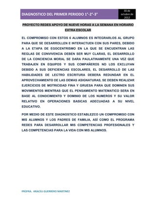 30 de
DIAGNOSTICO DEL PRIMER PERIODO 1°-2°-3°                      octubre de
                                                                2012

PROYECTO REDES APOYO DE NUEVE HORAS A LA SEMANA EN HORARIO
                             EXTRA ESCOLAR

EL COMPROMISO CON ESTOS 6 ALUMNOS ES INTEGRARLOS AL GRUPO
PARA QUE SE DESARROLLEN E INTERACTUEN CON SUS PARES, DEBIDO
A LA ETAPA DE EGOCENTRISMO EN LA QUE SE ENCUENTRAN LAS
REGLAS DE CONVIVENCIA DEBEN SER MUY CLARAS, EL DESARROLLO
DE LA CONCIENCIA MORAL SE DARA PAULATINAMENTE UNA VEZ QUE
TRABAJEN EN EQUIPOS Y SUS COMPAÑEROS NO LOS EXCLUYAN
DEBIDO A SUS DEFICIENCIAS ESCOLARES, EL DESARROLLO DE LAS
HABILIDADES DE LECTRO ESCRITURA DEBERA REDUNDAR EN EL
APROVECHAMIENTO DE LAS DEMAS ASIGNATURAS, SE DEBEN REALIZAR
EJERCICIOS DE MOTRICIDAD FINA Y GRUESA PARA QUE DOMINEN SUS
MOVIMIENTOS MIENTRAS QUE EL PENSAMIENTO MATEMATICO SERA EN
BASE AL CONOCIMIENTO Y DOMINIO DE LOS NUMEROS Y SU VALOR
RELATIVO    EN   OPERACIONES        BASICAS   ADECUADAS   A SU   NIVEL
EDUCATIVO.

POR MEDIO DE ESTE DIAGNOSTICO ESTABLEZCO UN COMPROMISO CON
MIS ALUMNOS Y LOS PADRES DE FAMILIA, ASÍ COMO EL PROGRAMA
REDES PARA DESARROLLAR MIS COMPETENCIAS PROFESIONALES Y
LAS COMPETENCIAS PARA LA VIDA CON MIS ALUMNOS.




PROFRA. ARACELI GUERRERO MARTINEZ
 