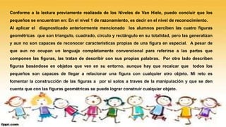 Conforme a la lectura previamente realizada de los Niveles de Van Hiele, puedo concluir que los
pequeños se encuentran en: En el nivel 1 de razonamiento, es decir en el nivel de reconocimiento.
Al aplicar el diagnosticado anteriormente mencionado los alumnos perciben las cuatro figuras
geométricas que son triangulo, cuadrado, circulo y rectángulo en su totalidad, pero las generalizan
y aun no son capaces de reconocer características propias de una figura en especial. A pesar de
que aun no ocupan un lenguaje completamente convencional para referirse a las partes que
componen las figuras, las tratan de describir con sus propias palabras. Por otro lado describen
figuras basándose en objetos que ven en su entorno, aunque hay que recalcar que todos los
pequeños son capaces de llegar a relacionar una figura con cualquier otro objeto. Mi reto es
fomentar la construcción de las figuras a por si solos a traves de la manipulación y que se den
cuenta que con las figuras geométricas se puede lograr construir cualquier objeto.
 