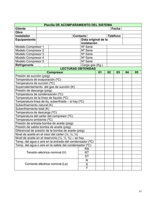 47
Planilla DE ACOMPAÑAMIENTO DEL SISTEMA
Cliente Fecha
Obra
Instalador Contacto Teléfono
Equipamiento Data original de la
Instalación
Modelo Compresor 1 Nº Serie
Modelo Compresor 2 Nº Serie
Modelo Compresor 3 Nº Serie
Modelo Compresor 4 Nº Serie
Modelo Compresor 5 Nº Serie
Refrigerante Carga gas (Kg.)
LECTURAS OBTENIDAS
Compresor 01 02 03 04 05
Presión de succión (psig)
Temperatura de evaporación (ºC)
Temperatura de succión (ºC)
Supercalentamiento del gas de succión (K)
Presión de descarga (psig)
Temperatura de condensación (ºC)
Temperatura de la línea de líquido (ºC)
Temperatura línea de líq. subenfriada – si hay (ºC)
Subenfriamiento natural (K)
Subenfriamiento total (K)
Temperatura de descarga (ºC)
Temperatura del carter del compresor (ºC)
Temperatura ambiente (ºC)
Presión de entrada bomba de aceite (psig)
Presión de salida bomba de aceite (psig)
Diferencial de presión de la bomba de aceite (psig)
Nivel de aceite en el visor del carter (¼; ½; ¾)
Nivel de aceite en el reservorio (¼; ½; ¾) – se hay
Temp. del agua o aire en la entrada del condensador (ºC)
Temp. del agua o aire en la salida del condensador (ºC)
RS
RTTensión eléctrica nominal (V)
ST
R
SCorriente eléctrica nominal (La)
T
 