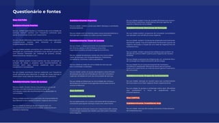 15
Questionário e fontes
Eixo: CULTURA
Subdeterminante Eventos
Na sua cidade organizações ou membros das comunidades de
startups realizam eventos com frequência suﬁciente para
apoiar as empresas novas e em crescimento.
Na sua cidade diferentes organizações muitas vezes organizam
conjuntamente eventos para fomentar a atividade
empreendedora da cidade.
Na sua cidade existem encontros com conteúdo técnico mais
avançado em quantidade suﬁciente e que reúnem grupos de
com diversos interesses. (ex: meetups de produto, vendas,
desenvolvedores, designers, etc.)
Na sua cidade existem muitos eventos (do tipo competição e
exibição de ideias e projetos) para empreendedores de
startups, pitch days, startup weekends, boot camps,
hackathons e competições.
Na sua cidade acontecem startup weekends com frequência
anual suﬁciente para estimular a criação de novas startups e
desenvolver novas redes de mentores, líderes e parceiros.
Subdeterminante: Cases de sucesso
Na sua cidade há pelo menos uma startup ou grupo de
startups com alto impacto econômico, poder de
contratação, e que são reconhecidamente destacadas na
comunidade.
Na sua cidade existem bons exemplos de empreendedores
que falharam e que depois fundaram negócios de sucesso.
Na sua cidade as startups de alto impacto tem um
relacionamento próximo à comunidade, colaborando em
eventos e mentorias.
Subdeterminante: Imprensa
Na sua cidade existem canais que dêem destaque a atividades
empreendedoras
Na sua cidade você vê histórias sobre novos empreendedores e
startups bem sucedidos na mídia e jornais tradicionais
Subdeterminante: Cases de sucesso
Na sua cidade o desenvolvimento do ecossistema é feito
por diversos atores, e não limitado a uma única
organização pública, privada ou agente econômico.
Na sua cidade há exemplos visíveis de uma comunidade
coesa de startups, com empreendedores, investidores,
conselheiros, mentores, mídia e apoiadores.
Na sua cidade as redes da comunidade de startups são
bem conhecidas e acessíveis.
Na sua cidade existe um grupo abrangente e diversiﬁcado
de pessoas que são reconhecidas por articular conexões e
organizar atividades em prol da comunidade de startups.
Na sua cidade as lideranças na comunidade são cíclicas e
de tempos em tempos novos agentes entram para somar e
renovar a liderança.
Eixo: SUPORTE
Subdeterminante: Eventos
Na sua idade existe um número suﬁciente de fornecedores e
consultores para apoiar startups novas e em crescimento
Na sua cidade as startups novas e em crescimento têm acesso
a coworkings e espaços de trabalho que estimulem interação
entre negócios
Na sua cidade existem hubs de conexão eﬁcientes que reúnem
ﬁsicamente investidores, aceleradoras, startups, agentes de
suporte e líderes de comunidade.
Subdeterminante: Estruturas de formação
Na sua cidade existem programas de incubação consolidados
que atendam com eﬁciência novos negócios
Na sua cidade existem iniciativas de aceleração eventualmente
aportando capital, mas principalmente fornecendo suporte de
negócio, educação, e criação de uma rede de negócios fora do
ambiente físico.
Na sua cidade existem parques tecnológicos que auxiliem na
difusão de cultura e dêem suporte para negócios de maneira
eﬁciente.
Na sua cidade os parques tecnológicos são um ambiente físico
de convergência e desenvolvimento de tecnologia.
Na sua cidade há um conjunto acessível de mentores e
conselheiros respeitados oferecendo apoio para empresas
novas e em crescimento, ao invés de buscar ganhos ﬁnanceiros
de curto prazo
Subdeterminante: Grupos de conhecimento
Na sua cidade, startups se reunem para que conhecimentos
técnicos sobre como fazer negócios ﬂuam organicamente.
Na sua cidade há grupos e ambientes online bem difundidos
que possibilitam a troca de experiências entre
empreendedores.
Eixo: CAPITAL
Subdeterminante: Investidores Anjo
Na sua cidade startups têm acesso suﬁciente a ﬁnanciamento
de investidores-anjo
 