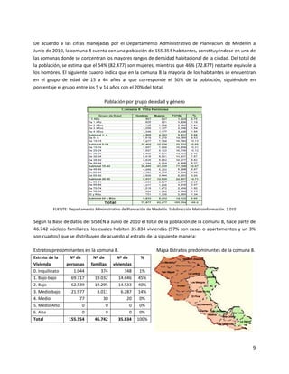 De acuerdo a las cifras manejadas por el Departamento Administrativo de Planeación de Medellín a
Junio de 2010, la comuna 8 cuenta con una población de 155.354 habitantes, constituyéndose en una de
las comunas donde se concentran los mayores rangos de densidad habitacional de la ciudad. Del total de
la población, se estima que el 54% (82.477) son mujeres, mientras que 46% (72.877) restante equivale a
los hombres. El siguiente cuadro indica que en la comuna 8 la mayoría de los habitantes se encuentran
en el grupo de edad de 15 a 44 años al que corresponde el 50% de la población, siguiéndole en
porcentaje el grupo entre los 5 y 14 años con el 20% del total.

                                     Población por grupo de edad y género




          FUENTE: Departamento Administrativo de Planeación de Medellín. Subdirección Metroinformación. 2.010


Según la Base de datos del SISBÉN a Junio de 2010 el total de la población de la comuna 8, hace parte de
46.742 núcleos familiares, los cuales habitan 35.834 viviendas (97% son casas o apartamentos y un 3%
son cuartos) que se distribuyen de acuerdo al estrato de la siguiente manera:

Estratos predominantes en la comuna 8.                           Mapa Estratos predominantes de la comuna 8.
Estrato de la     Nº de        Nº de        Nº de        %
Vivienda         personas     familias    viviendas
0. Inquilinato      1.044          374          348     1%
1. Bajo-bajo       69.717       19.032       14.646    45%
2. Bajo            62.539       19.295       14.533    40%
3. Medio bajo      21.977        8.011        6.287    14%
4. Medio               77           30           20     0%
5. Medio Alto           0             0           0     0%
6. Alto                 0             0           0     0%
Total             155.354       46.742       35.834    100%




                                                                                                                9
 