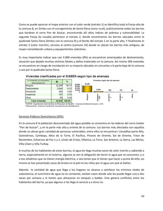 Como se puede apreciar el mapa anterior con el color verde (estrato 1) se identifica toda la franja alta de
la comuna 8, en límites con el corregimiento de Santa Elena (zona rural), prácticamente todos los barrios
que bordean el cerro Pan de Azúcar, encontrando allí altos índices de pobreza y vulnerabilidad. La
segunda franja (la rosada) pertenece al estrato 2, donde encontramos los barrios ubicados entre la
quebrada Santa Elena (límites con la comuna 9) y el borde del estrato 1 en la parte alta. Y finalmente el
estrato 3 (color marrón), cercano al centro (comuna 10) donde se ubican los barrios más antiguos, de
mayor consolidación urbana y equipamientos colectivos.

Es muy importante indicar que casi 3.000 viviendas (8%) se encuentran amenazados de deslizamiento,
situación que dejado muchas víctimas fatales y daños materiales en la comuna. Así mismo 309 viviendas
se encuentran en riesgo de inundación en su mayoría ubicadas en cercanías a la parte baja de la comuna
o sea por la quebrada Santa Elena.




Servicios Públicos Domiciliarios (SPD):

En la comuna 8 la población desconectada del agua potable se concentra en las laderas del cerro tutelar
“Pan de Azúcar”, y en la parte más alta y oriente de la comuna. Los barrios más afectados son aquellos
donde se ubican gran cantidad de personas vulnerables, entre ellos se encuentran: Llanaditas parte Alta,
Golondrinas, Camboya, Altos de la Torre, El Pacífico, Pinares de Oriente, Sol de Oriente, Trece de
Noviembre, Esfuerzos de Paz 1 y 2, Unión de Cristo, Villatina, La Torre, San Antonio, La Sierra, Las Mirlas,
Villa Liliam y Villa Turbay.

A muchos de los habitantes de estos barrios, el agua les llega muchas veces de color marrón y sabiendo a
tierra, especialmente en el invierno, algunos se ven la obligación de hervir el agua que se consumen, y si
a eso añadimos que no tienen energía eléctrica, o sea tienen que lo tienen que hacer a punta de leña, así
mismo se han presentado casos de brotes en la piel en los niños por el agua con qué se bañan.

Además la cantidad de agua que llega a los hogares no alcanza a satisfacer los mínimos vitales de
subsistencia, el suministro de agua no es constante, existen casos donde solo les puede llegar una o dos
veces por semana y la tienen que almacenar en tanques o baldes. Esto genera conflictos entre los
habitantes del barrio, ya que algunos si les llega el servicio y a otros no.



                                                                                                         10
 