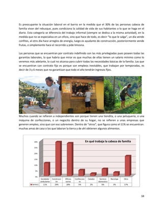 Es preocupante la situación laboral en el barrio en la medida que el 30% de las personas cabeza de
familia vivan del rebusque, pues condiciona la calidad de vida de sus habitantes a lo que se haga en el
diario. Esta categoría se diferencia del trabajo informal (siempre se dedica a la misma actividad), en la
medida que no se especializa en un oficio, sino que hace de todo, es decir “lo que le salga”, un día vende
confites, al otro día hace arreglos de energía, luego es ayudante de construcción, posteriormente vende
frutas, o simplemente hace el recorrido y pide limosna.

Las personas que se encuentran por contrato indefinido son las más privilegiadas pues poseen todas las
garantías laborales, lo que habría que mirar es que muchas de ellas tienen un salario mínimo como lo
veremos más adelante, lo cual no alcanza para cubrir todas las necesidades básicas de la familia. Las que
se encuentran con contrato fijo es porque son empleos inestables, que trabajan por temporadas, es
decir de 3 y 6 meses que no garantizan que todo el año tendrán ingresos fijos.




Muchos cuando se refieren a independientes son porque tienen una tiendita, o una peluquería, o una
máquina de confecciones, o un negocito dentro de su hogar, no se refieren a unas empresas que
generen empleo, sino que con eso sobreviven. Dentro de “otros”, que figura como el 11% se encuentran:
muchas amas de casa o los que laboran la tierra y de ahí obtienen algunos alimentos.



             30%                                                   En qué trabaja la cabeza de familia
             25%


             20%


             15%


             10%


             5%


             0%
                   Vendedor    Construcci   Oficios   Confeccion     Celador    Servicio   Reciclaje   Otro
                   ambulante      ón        varios        es                   domestico
           Series1   11%         29%         28%         5%            2%         6%         3%        17%




                                                                                                              34
 