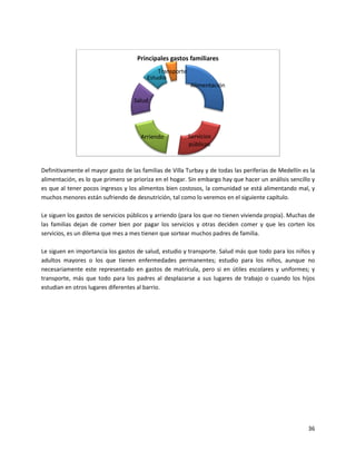 Principales gastos familiares
                                            Transporte
                                        Estudio
                                                         Alimentación

                                   Salud




                                      Arriendo           Servicios
                                                         públicos



Definitivamente el mayor gasto de las familias de Villa Turbay y de todas las periferias de Medellín es la
alimentación, es lo que primero se prioriza en el hogar. Sin embargo hay que hacer un análisis sencillo y
es que al tener pocos ingresos y los alimentos bien costosos, la comunidad se está alimentando mal, y
muchos menores están sufriendo de desnutrición, tal como lo veremos en el siguiente capítulo.

Le siguen los gastos de servicios públicos y arriendo (para los que no tienen vivienda propia). Muchas de
las familias dejan de comer bien por pagar los servicios y otras deciden comer y que les corten los
servicios, es un dilema que mes a mes tienen que sortear muchos padres de familia.

Le siguen en importancia los gastos de salud, estudio y transporte. Salud más que todo para los niños y
adultos mayores o los que tienen enfermedades permanentes; estudio para los niños, aunque no
necesariamente este representado en gastos de matrícula, pero si en útiles escolares y uniformes; y
transporte, más que todo para los padres al desplazarse a sus lugares de trabajo o cuando los hijos
estudian en otros lugares diferentes al barrio.




                                                                                                       36
 