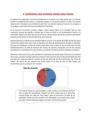 8. QUEREMOS UNA VIVIENDA DIGNA PARA TODOS

El aspecto más importante a la hora de establecerse en un barrio es un lugar donde vivir. La vivienda,
cuentan los habitantes del sector, es importante porque “es allí donde pasarán sus días y sus noches
cubiertos de la intemperie y las inclemencias del clima”. La vivienda implica permanecer en un espacio y
se configura a partir de las formas como habitamos el territorio.

En la Encuesta Comunitaria quisimos indagar: ¿Hace cuánto habita en la vivienda? Esto es muy
importante, porque de acuerdo al tiempo que se lleva, es cómo se va construyendo el barrio y la
comunidad. Valga la aclaración que casi no se tuvo en cuenta la parte central por lo tanto la información
referida a continuación es más que todo de los otros sectores.

Aproximadamente el 70% de los encuestados llegaron al barrio en la década del 2.000, periodo de mayor
crecimiento, debido entre otras cosas al dispararse las cifras de desplazamiento forzado en Colombia.
Hay que ser cuidadosos a la hora de analizar estos datos, pues a pesar de que el barrio tiene 36 años
aproximadamente y 31 años de llamarse Villa Turbay, los sectores encuestados son de más reciente
consolidación. Un 21% lleva entre 10 y 13 años, y el restante 7% más de 14 años residiendo en el barrio.

Referente a este punto se puso de manifiesto la importancia del tiempo sobre el territorio y el material
de las casas y ranchos. Cuando se dice que se lleva en esta casa entre 10 y 13 años encontramos que más
que todo son “casas de material”. Cuando se dice que lleva más de 20 se afirma que “son fincas de
adobe”. Así mismo los que aseveran que tienen entre 2 y 5 años de vivir en Villa Turbay, nos
encontramos que en su mayoría “son ranchos”.

                   Tipo de vivienda
                                                Apartamento
                                                     3%

                                         Casa
                                         41%
                                                              Rancho
                                                               56%




            “La mayoría vivimos en casas de tablas, es decir ranchos, y no tenemos escrituras
            sino un papel de compraventa. También nos dimos cuenta que en el barrio hay
            muchas partes con zonas de “alto riesgo”, casas en barrancos y al lado de las
            quebradas. Donde hay más ranchitos es en Alto Bonito y en la parte alta y tienen
            que subir muchas escalas para llegar a sus casas, no hay vías de acceso”.




                                                                                                      40
 