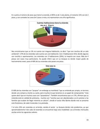 En cuanto al número de pisos que tiene la vivienda, el 85% es de 1 sola planta, el restante 15% son de 2
pisos; y son contadas las casas de 3 pisos o más y no representan una cifra significativa.


                                  Cuántas habitaciones tiene la vivienda
                                       Más de 4 Ninguna
                                         3%       3%
                                                                1
                                                               27%
                                 3
                                26%


                                                         2
                                                        41%




Nos encontramos que un 3% no cuenta con ninguna habitación, es decir “que son ranchos de un solo
ambiente”; 27% de las viviendas solo cuenta con una habitación. Con 2 habitaciones 41%, donde algunos
son ranchos o apartamentos. Las viviendas con 3 habitaciones (26%), la mayoría son casas. Más de 4
piezas son casos muy particulares. Se puede inferir que en La Acequia es donde mayor grado de
hacinamiento viven, pues el 40% de sus viviendas solo posee una pieza.

                                                Esta casa es
                                             Prestada
                                               17%
                                 Arrendada
                                    23%                          Propia
                                                                  60%




El 60% de las viviendas son “propias” sin embargo se manifestó “que se entiende por propia, un terreno
donde uno compro y monto su casita, pero muchos lo que tenemos es un papel de compraventa.” Esto
quiere decir que en muchos casos son “poseedores”. También encontramos que un 17%, afirman que su
vivienda está en calidad de préstamo, muchos son “ranchos que son abandonados y se le prestan a las
familias que acaban de llegar mientras se ubican”, siendo el sector Alto Bonito donde más se presenta
este fenómeno, de cada 4 viviendas 1 es prestada.

Y el otro 23% son viviendas en arriendo, siendo el sector La Acequia donde más predomina, ya que
aproximadamente 4 de cada 10 viviendas se encuentran bajo esta modalidad. Los arriendos mensuales
oscilan entre los siguientes valores:



                                                                                                     43
 