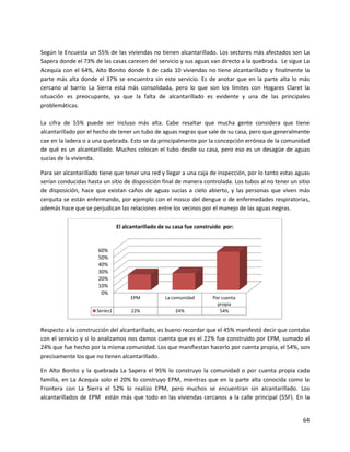 Según la Encuesta un 55% de las viviendas no tienen alcantarillado. Los sectores más afectados son La
Sapera donde el 73% de las casas carecen del servicio y sus aguas van directo a la quebrada. Le sigue La
Acequia con el 64%, Alto Bonito donde 6 de cada 10 viviendas no tiene alcantarillado y finalmente la
parte más alta donde el 37% se encuentra sin este servicio. Es de anotar que en la parte alta lo más
cercano al barrio La Sierra está más consolidada, pero lo que son los límites con Hogares Claret la
situación es preocupante, ya que la falta de alcantarillado es evidente y una de las principales
problemáticas.

La cifra de 55% puede ser incluso más alta. Cabe resaltar que mucha gente considera que tiene
alcantarillado por el hecho de tener un tubo de aguas negras que sale de su casa, pero que generalmente
cae en la ladera o a una quebrada. Esto se da principalmente por la concepción errónea de la comunidad
de qué es un alcantarillado. Muchos colocan el tubo desde su casa, pero eso es un desagüe de aguas
sucias de la vivienda.

Para ser alcantarillado tiene que tener una red y llegar a una caja de inspección, por lo tanto estas aguas
serían conducidas hasta un sitio de disposición final de manera controlada. Los tubos al no tener un sitio
de disposición, hace que existan caños de aguas sucias a cielo abierto, y las personas que viven más
cerquita se están enfermando, por ejemplo con el mosco del dengue o de enfermedades respiratorias,
además hace que se perjudican las relaciones entre los vecinos por el manejo de las aguas negras.

                                El alcantarillado de su casa fue construido por:


                      60%
                      50%
                      40%
                      30%
                      20%
                      10%
                       0%
                                     EPM            La comunidad       Por cuenta
                                                                         propia
                      Series1         22%               24%               54%


Respecto a la construcción del alcantarillado, es bueno recordar que el 45% manifestó decir que contaba
con el servicio y si lo analizamos nos damos cuenta que es el 22% fue construido por EPM, sumado al
24% que fue hecho por la misma comunidad. Los que manifiestan hacerlo por cuenta propia, el 54%, son
precisamente los que no tienen alcantarillado.

En Alto Bonito y la quebrada La Sapera el 95% lo construyo la comunidad o por cuenta propia cada
familia, en La Acequia solo el 20% lo construyo EPM, mientras que en la parte alta conocida como la
Frontera con La Sierra el 52% lo realizo EPM, pero muchos se encuentran sin alcantarillado. Los
alcantarillados de EPM están más que todo en las viviendas cercanos a la calle principal (55F). En la


                                                                                                        64
 