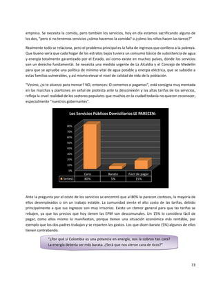 empresa. Se necesita la comida, pero también los servicios, hoy en día estamos sacrificando alguno de
los dos, “pero si no tenemos servicios ¿cómo hacemos la comida? o ¿cómo los niños hacen las tareas?”

Realmente todo se relaciona, pero el problema principal es la falta de ingresos que conlleva a la pobreza.
Que bueno sería que cada hogar de los estratos bajos tuviera un consumo básico de subsistencia de agua
y energía totalmente garantizado por el Estado, así como existe en muchos países, donde los servicios
son un derecho fundamental. Se necesita una medida urgente de La Alcaldía y el Concejo de Medellín
para que se apruebe una política de mínimo vital de agua potable y energía eléctrica, que se subsidie a
estas familias vulnerables, y así mismo elevar el nivel de calidad de vida de la población.

“Vecino, ¿si te alcanzo para mercar? NO, entonces: O comemos o pagamos”, está consigna muy mentada
en las marchas y plantones en señal de protesta ante la desconexión y las altas tarifas de los servicios,
refleja la cruel realidad de los sectores populares que muchos en la ciudad todavía no quieren reconocer,
especialmente “nuestros gobernantes”.


                           Los Servicios Públicos Domiciliarios LE PARECEN:

                         80%
                         70%
                         60%
                         50%
                         40%
                         30%
                         20%
                         10%
                          0%
                                    Caro           Barato       Fácil de pagar
                       Series1      80%             5%               15%




Ante la pregunta por el costo de los servicios se encontró que al 80% le parecen costosos, la mayoría de
ellos desempleados o sin un trabajo estable. La comunidad siente el alto costo de las tarifas, debido
principalmente a que sus ingresos son muy irrisorios. Existe un clamor general para que las tarifas se
rebajen, ya que los precios que hoy tienen las EPM son descomunales. Un 15% lo considera fácil de
pagar, como ellos mismo lo manifiestan, porque tienen una situación económica más rentable, por
ejemplo que los dos padres trabajan y se reparten los gastos. Los que dicen barato (5%) algunos de ellos
tienen contrabando.

             “¿Por qué si Colombia es una potencia en energía, nos la cobran tan cara?
             La energía debería ser más barata. ¿Será que nos vieron cara de ricos?”




                                                                                                       73
 