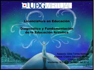 Licenciatura en Educación
Diagnóstico y Fundamentación
de la Educación Artística
Asesora: Gilda Torres Noriega
Alumna: Cristina Sánchez Murillo
Código: 212423748
Monterrey, N.L. A 21 de Mayo del 2014
 
