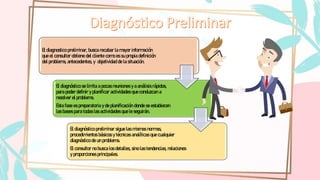 El diagnostico preliminar, busca recabar la mayor información
que el consultor obtiene del cliente como es su propia definición
del problema, antecedentes, y objetividad de la situación.
El diagnóstico se limita a pocas reuniones y a análisis rápidos,
para poder definir y planificar actividades que conduzcan a
resolver el problema.
Esta fase es preparatoria y de planificación donde se establecen
las bases para todas las actividades que le seguirán.
El diagnóstico preliminar sigue las mismas normas,
procedimientos básicos y técnicas analíticas que cualquier
diagnóstico de un problema.
El consultor no busca los detalles, sino las tendencias, relaciones
y proporciones principales.
 