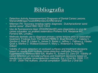 BibliografíaBibliografía
• Detection Activity Assessmentand Diagnosis of Dental Caries Lesions.Detection Activity Assessmentand Diagnosis of Dental Caries Lesions.
MarianaMBraga,FaustoMMendes,KimRErstrandMarianaMBraga,FaustoMMendes,KimRErstrand
• Mileman PA“ Accuracy inradiog raphic diagnosis : Dutchpractioner sandMileman PA“ Accuracy inradiog raphic diagnosis : Dutchpractioner sand
dental caries” JDent1990;18(3):130-6dental caries” JDent1990;18(3):130-6
• Uso de fluorescencia láser (DIAGNOdent®) para diagnóstico in vivo deUso de fluorescencia láser (DIAGNOdent®) para diagnóstico in vivo de
caries oclusales :un análisis sistemático Pinheiro IVA, Medeiros MC,caries oclusales :un análisis sistemático Pinheiro IVA, Medeiros MC,
Ferreira MA, LimaKC.Ferreira MA, LimaKC.
• Methods dentists use to diagnose primary caries lesions prior to restorativeMethods dentists use to diagnose primary caries lesions prior to restorative
treatment: Findings from The Dental PBRN D. Brad Rindal e,f,*, Valeria V.treatment: Findings from The Dental PBRN D. Brad Rindal e,f,*, Valeria V.
Gordan d, Mark S. Litaker b, James D. Bader c, Jeffrey L. Fellows g, VibekeGordan d, Mark S. Litaker b, James D. Bader c, Jeffrey L. Fellows g, Vibeke
Qvist a, Martha C. Wallace-Dawson h, Mary L. Anderson e, Gregg H.Qvist a, Martha C. Wallace-Dawson h, Mary L. Anderson e, Gregg H.
GilbertGilbert
• Validity of caries detection on occlusal surfaces and treatment decisionsValidity of caries detection on occlusal surfaces and treatment decisions
based on results from multiple caries-detection methods Pereira AC,based on results from multiple caries-detection methods Pereira AC,
Eggertsson H, Martinez-Mier EA, Mialhe FL, Eckert GJ, Zero DT. Validity ofEggertsson H, Martinez-Mier EA, Mialhe FL, Eckert GJ, Zero DT. Validity of
caries detection on occlusal surfaces and treatment decisions based oncaries detection on occlusal surfaces and treatment decisions based on
results from multiple caries-detection methods. Eur J Oral Sci. 2009; 117:results from multiple caries-detection methods. Eur J Oral Sci. 2009; 117:
51–57. 2009 The Authors. Journal compilation 2009 Eur J Oral Sci51–57. 2009 The Authors. Journal compilation 2009 Eur J Oral Sci
 